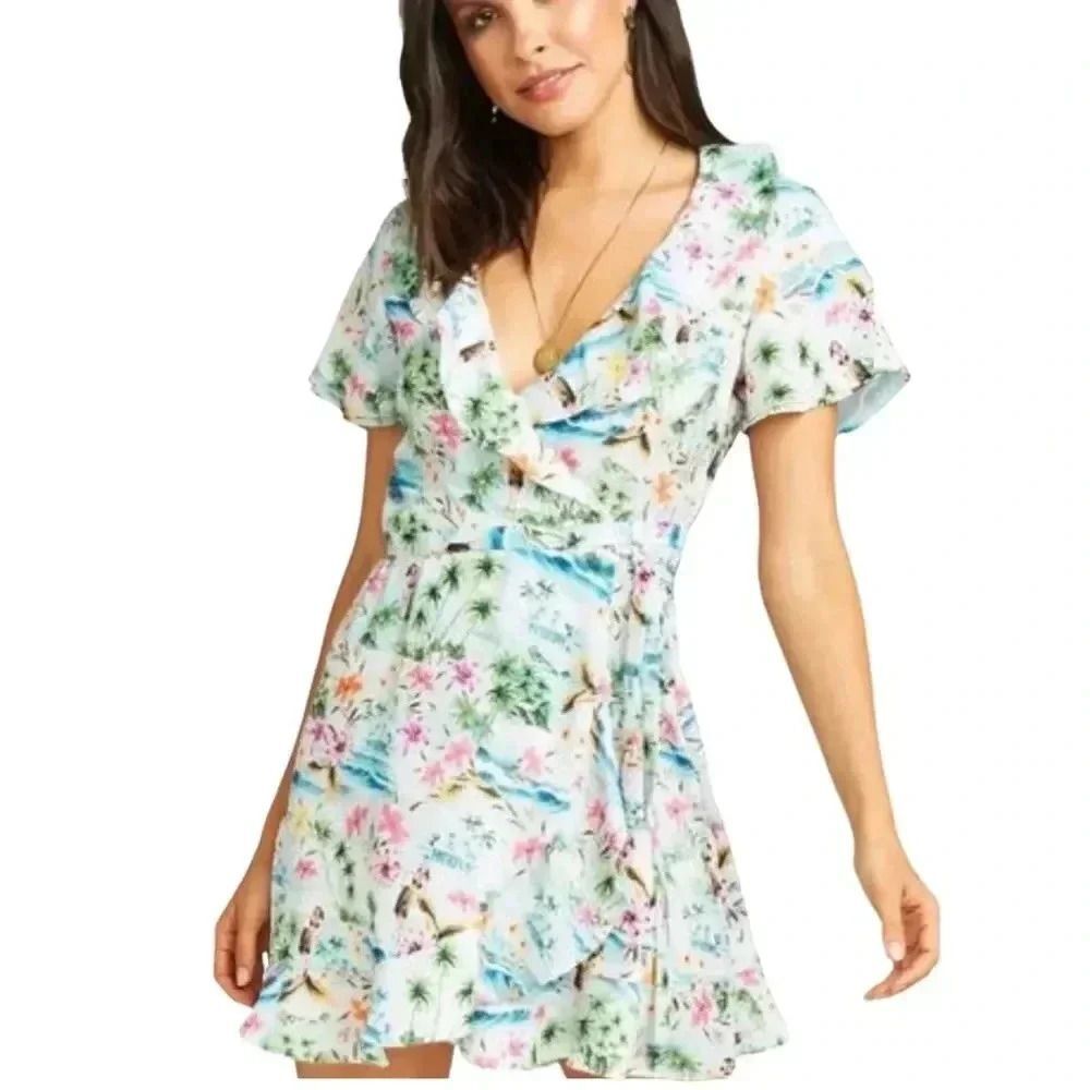Show Me Your Mumu Winnie Wrap Dress. XS. Tiki Time Luau flowers blue green pink